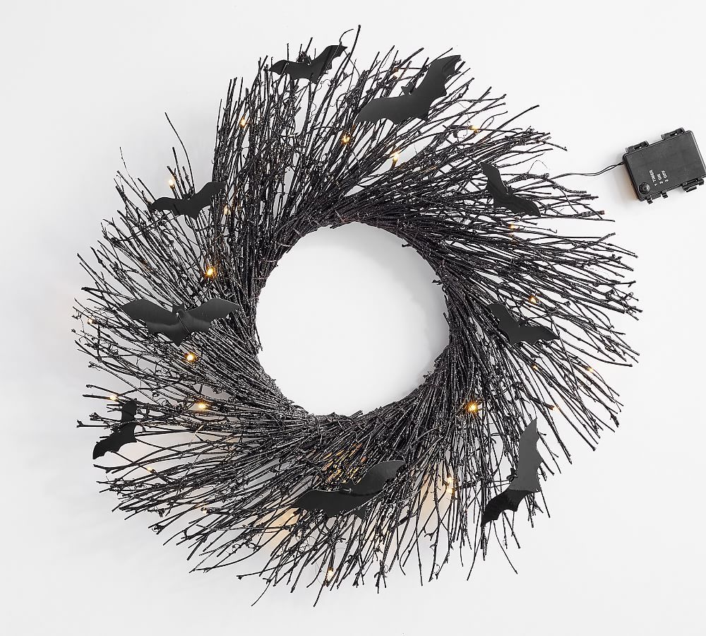 Lit Handcrafted Glitter Branch Wreath with Bats | Pottery Barn (US)