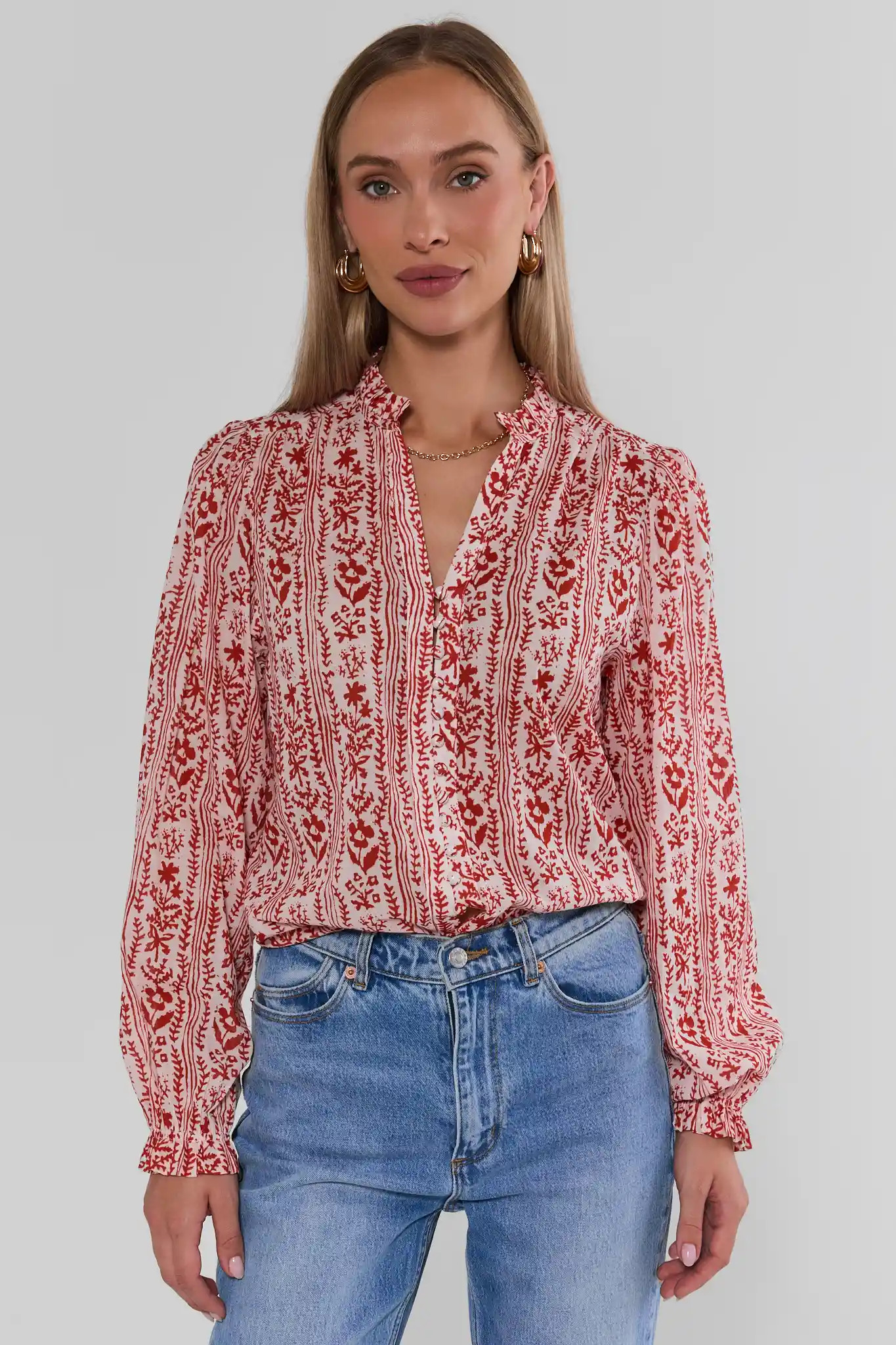 Red Floral Printed Button Up Top | Avara