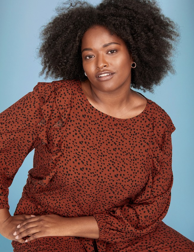 ELOQUII Elements Ruffle Detail Blouse - Graphic Dot | Eloquii