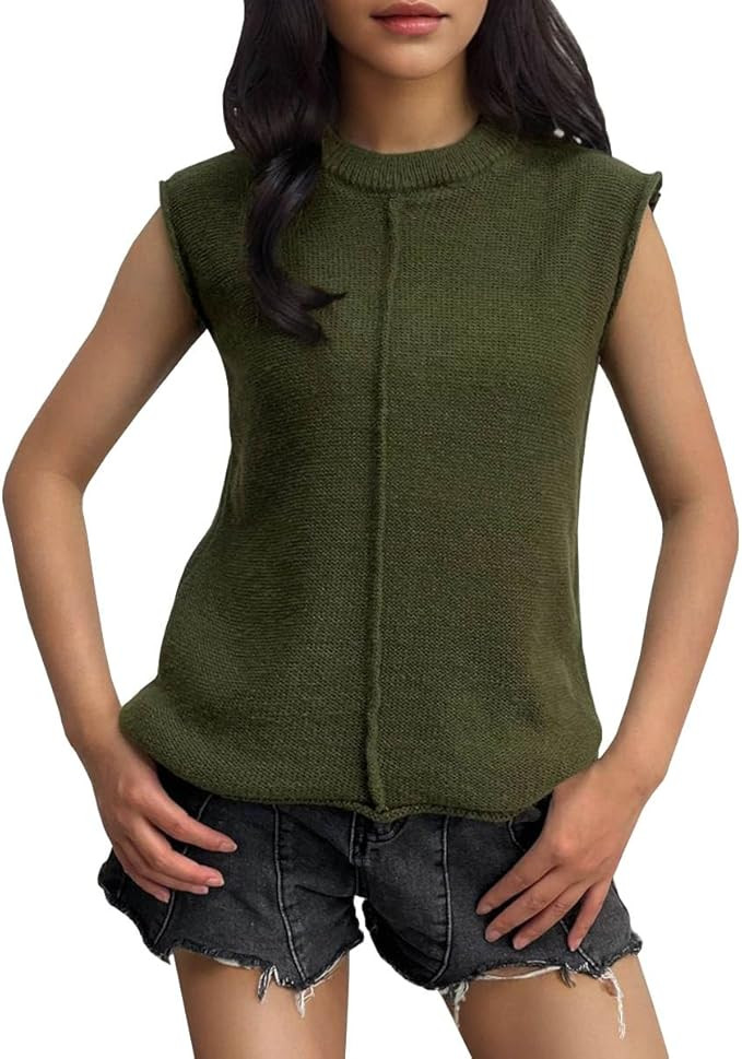Women's Casual Knit Sweater Vest Crewneck Cap Sleeve Solid Color Crop Tops Trendy Pullover Sweate... | Amazon (US)