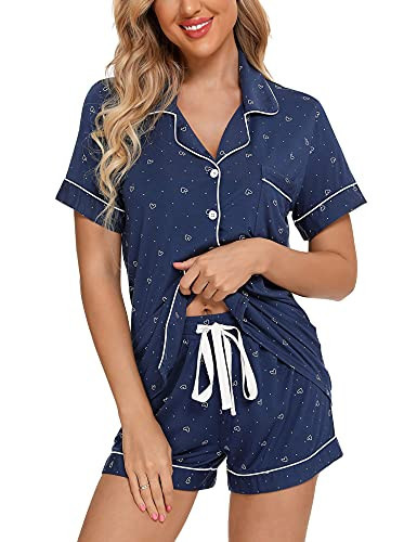 Anjue Preppy Pajamas Womens Button Down Pajama Sets Bride Pajamas Sleepwear Summer Pjs Lounge Set(B-Cyan Heart,M) | Amazon (US)