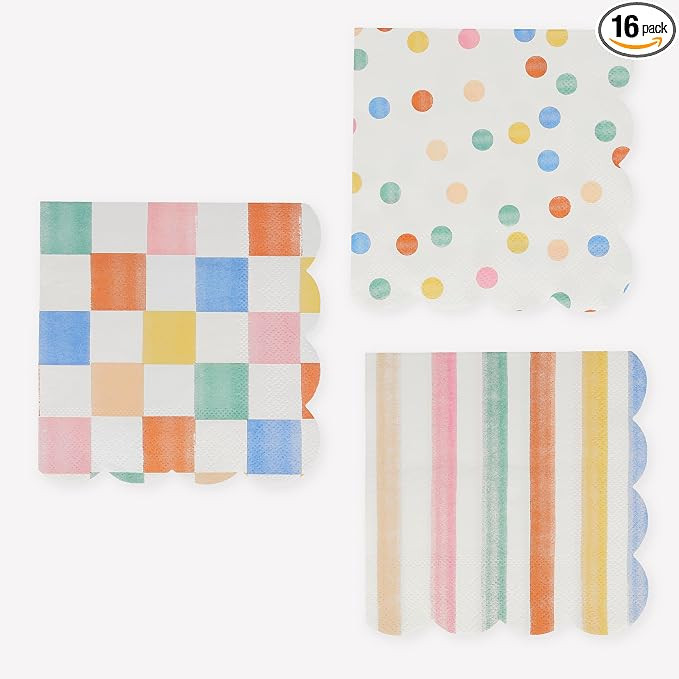 Meri Meri Colourful Pattern Napkins (Pack of 16), Disposable Paper Napkis, Thick & Sturdy 3-Ply P... | Amazon (US)