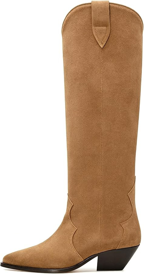 Suede Cowboy Boots for Women Pointed Toe Cowgirl Knee High Boots Chunky Heels Tall Boot Dressy Pu... | Amazon (CA)