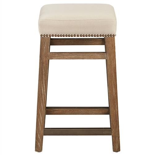 Open Box Alisha Beige Performance Brown Oak Wood Nailhead Backless Counter Stool | Kathy Kuo Home