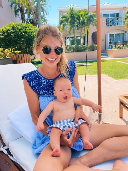 Pool look! Wore this mi golondrina dress and coop wore an H&M striped swimsuit. My dress isn’t online so linked similar !

Baby boy swimsuit. Swim cover up , sunglasses 

#LTKbaby #LTKswim #LTKtravel