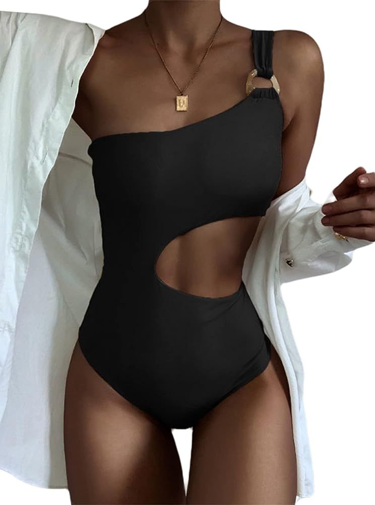 Hilinker Women's One Piece Swimsuit One Shoulder Cut Out Swimwear Monokini Tummy Control | Amazon (US)