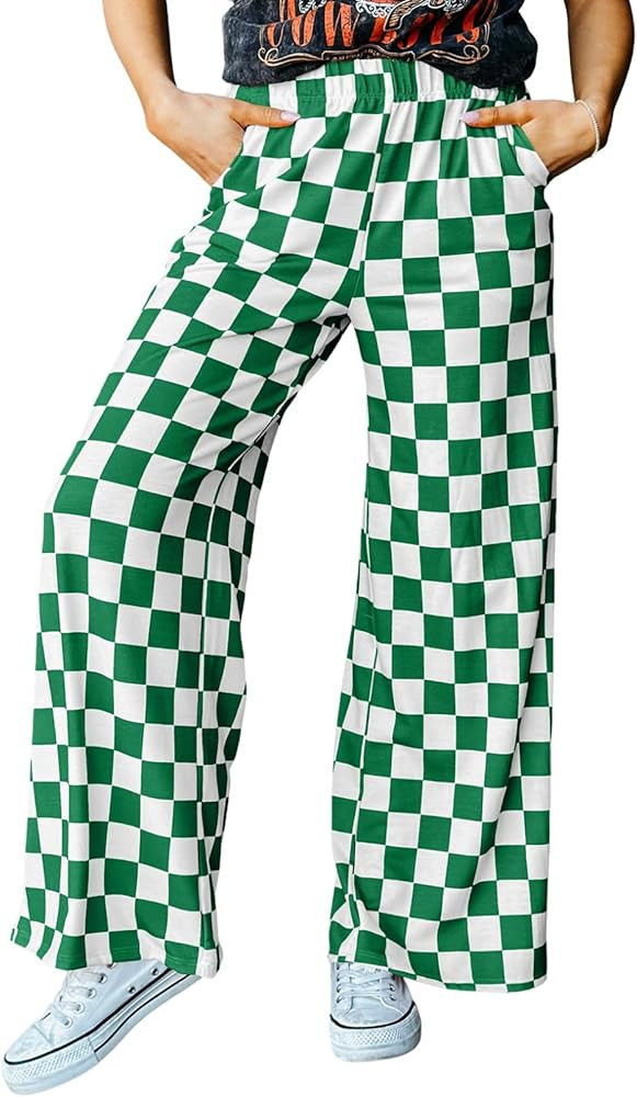 Acelitt Womens Casual Checkered Pants Elastic Waist Comfy Loose Wide Leg Pants with Pockets | Amazon (US)