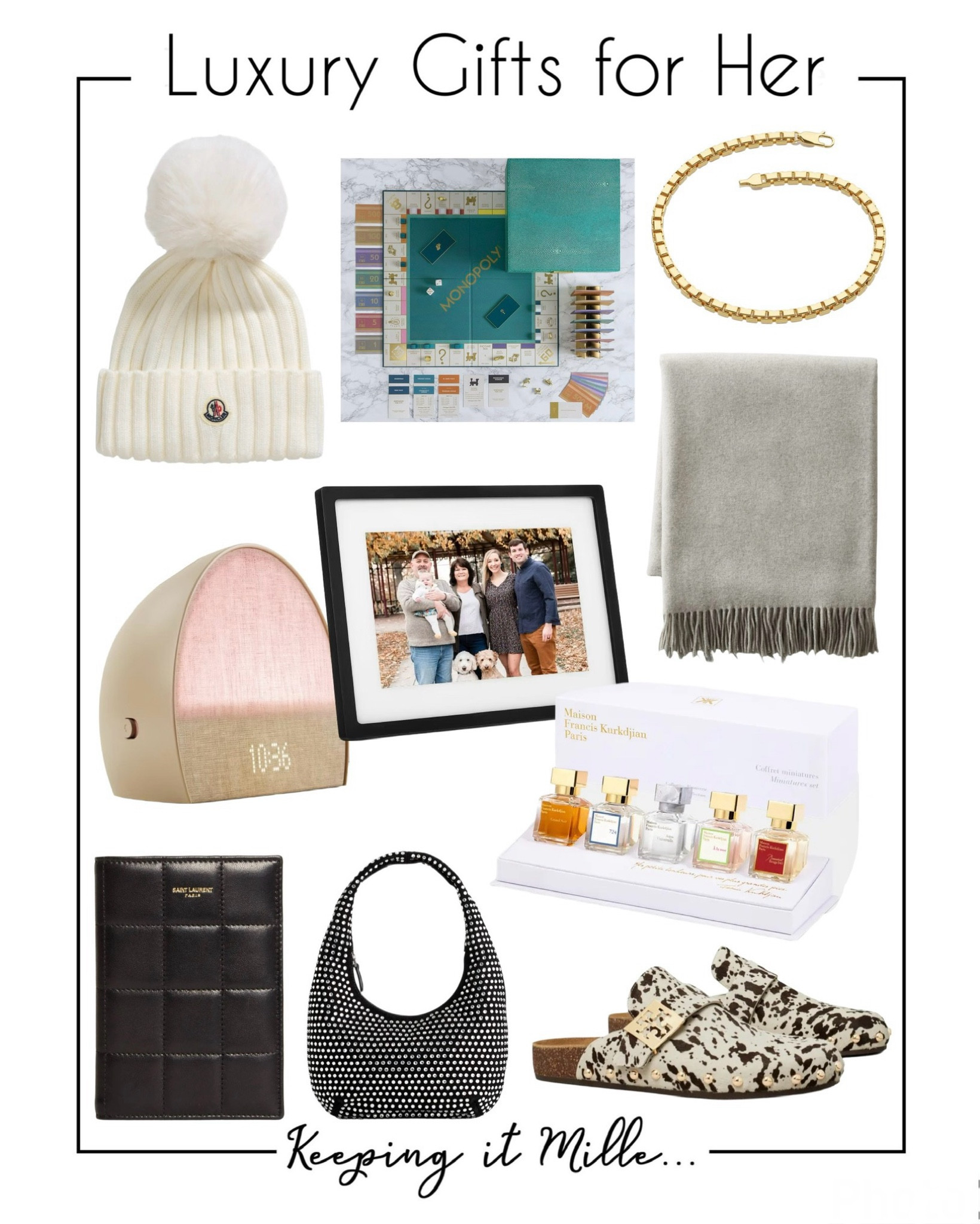 Luxury gifts for her. Cashmere throw blanket, Moncler Pom Pom beanie, digital photo frame, studded clogs, Saint Laurent passport case.

Luxe holiday gifts

#LTKCyberWeek #LTKHoliday #LTKGiftGuide