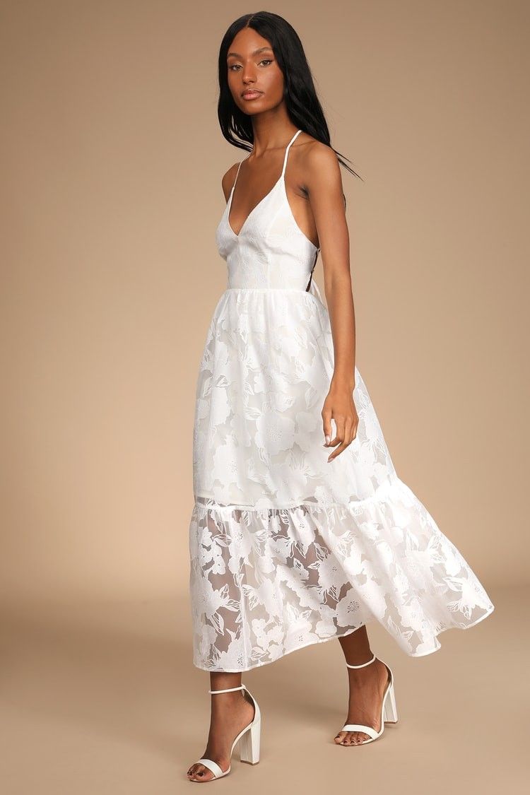 White Jacquard Organza Lace-Up Midi Dress White Dress Wedding Guest Dress Spring Outfits | Lulus (US)