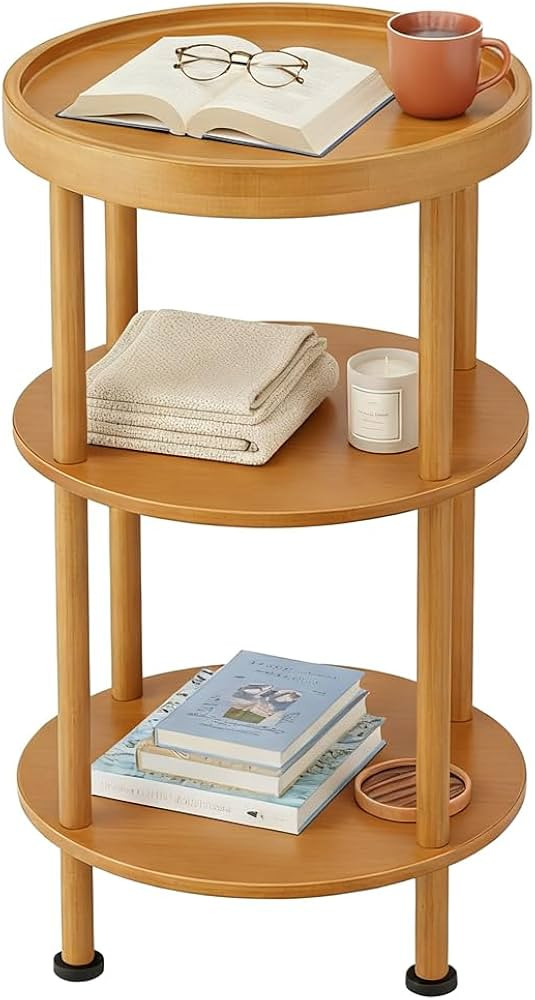 Bamboo Side Table, 3-Tier Round End Table with Tray Top, Bathroom Storage Shelf & Plant Stand Ind... | Amazon (US)
