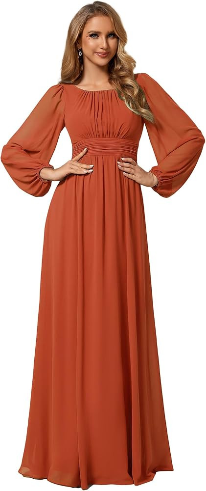 Ever-Pretty Women's Crewneck Long Lantern Sleeves Floor Length A-Line Pleated Chiffon Formal Dres... | Amazon (US)