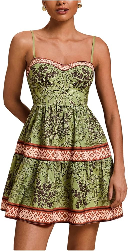 Women's Boho Floral Cami Dress Smocked A Line Vacation Mini Dresses Sundress | Amazon (US)