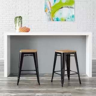 Finwick Black Metal Backless Counter Stool with Natural Wood Seat (Set of 2) | The Home Depot