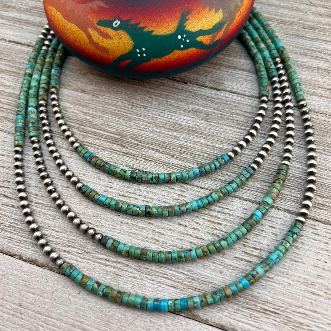 4mm Kingman Turquoise Heishi Necklace With Sterling Silver Oxidized Pearls, Southwest Western Jew... | Etsy (US)