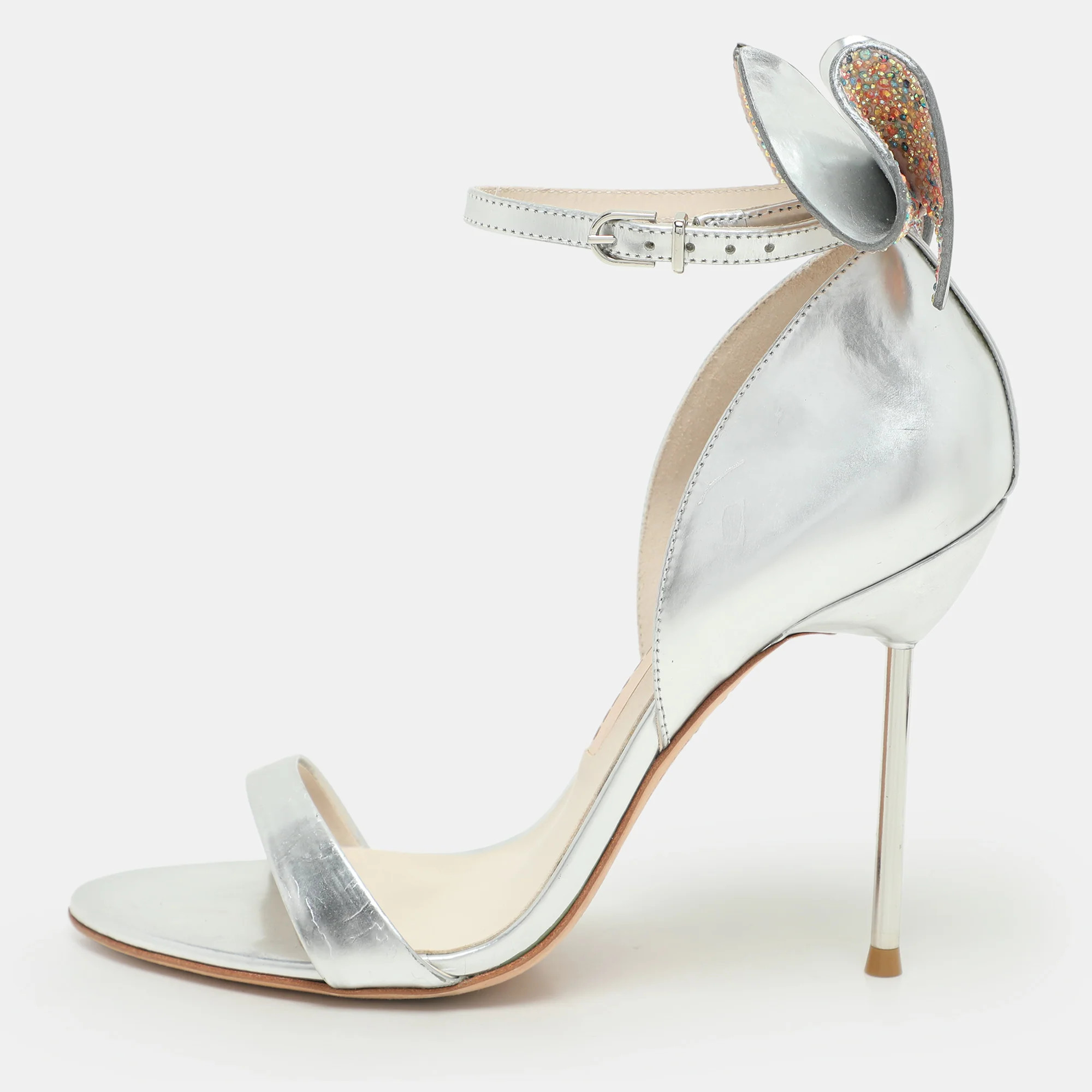 Sophia Webster Metallic Silver Leather Maya Crystal Embellished Bow Ankle Strap Sandals | Shop Simon