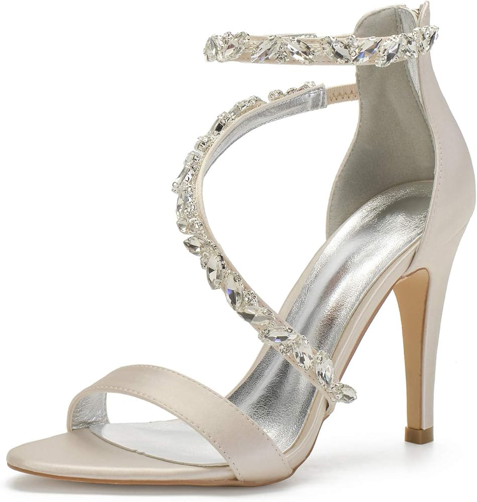 Women's Wedding Bridal Satin Heels Sandals Mid Heels Ankle Strap Crystal Zipper Back Formal Eveni... | Amazon (US)