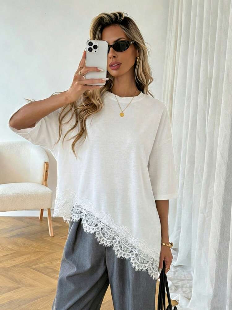Easowa Women's Casual Solid Color Asymmetric Hem Lace Patchwork T-Shirt, Versatile Daily Wear, Spring/Summer Leisure Top, Suitable For Vacation, Summer, Spring, Spring Break And Various Occasions, Including Beach Dress, Casual Shirt, Outerwear And Summer Top. | SHEIN