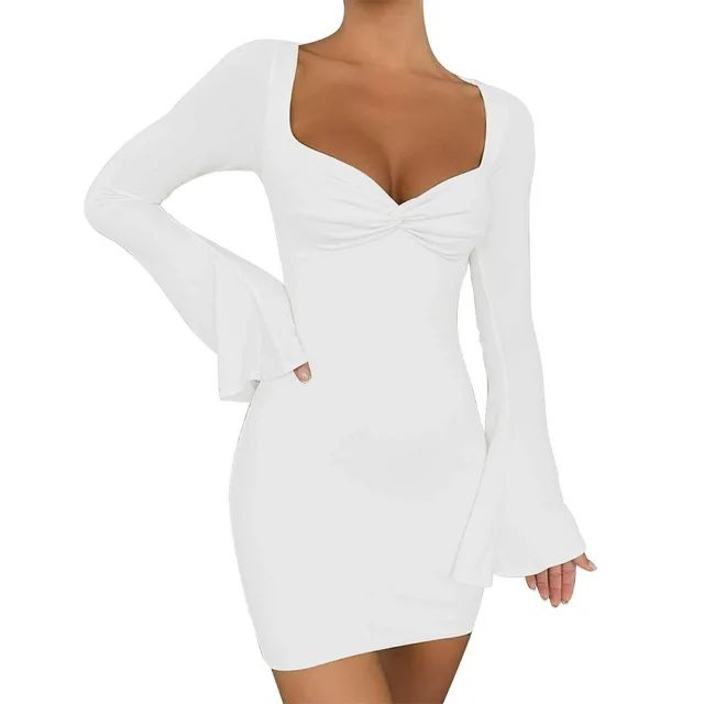 Cathalem Women Solid Color Square Neck Bell Long Sleeve Slim Fit Dress Dress White M | Walmart (US)