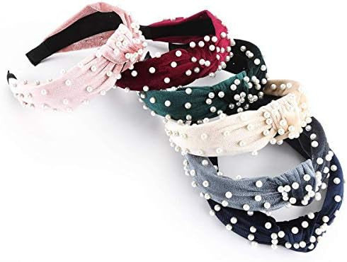 Makone Headbands with pearls for Women Wide Headband Knot Pearl Headbands Velvet Headband Vintage Ha | Amazon (US)