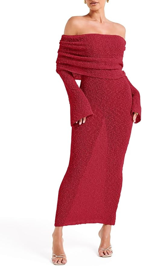 Saodimallsu Womens Off Shoulder Summer Maxi Dress Bell Long Sleeve Sexy Bodycon Strapless Sheer B... | Amazon (US)