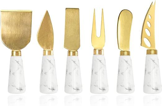 Golden Cheese Knife Set 6 Piece Marble Handle Butter Spatula Knives Cheese Spreader Cutter with E... | Amazon (US)
