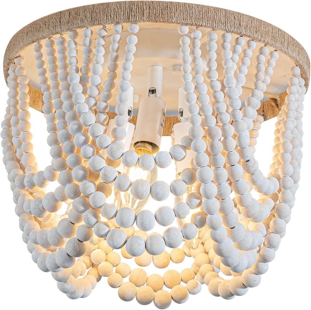 Boho Wood Beaded Semi Flush Mount Ceiling Light Fixture,3-Light Oak White Finish Rustic Mini Chan... | Amazon (US)