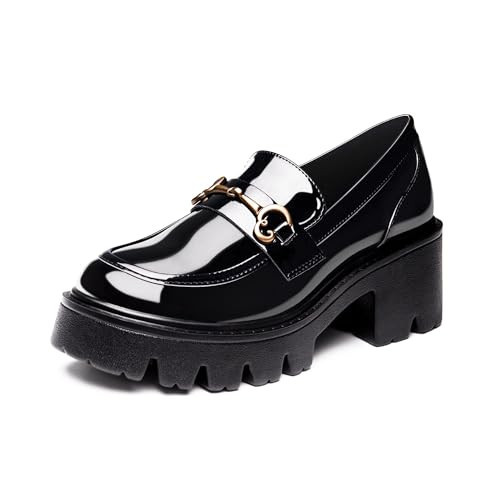Black Platform Loafers for Women - Women's Slip-On Patent Leather Loafers, Chunky Comfort Shoes for Work & Dressy Occasions | Amazon (US)