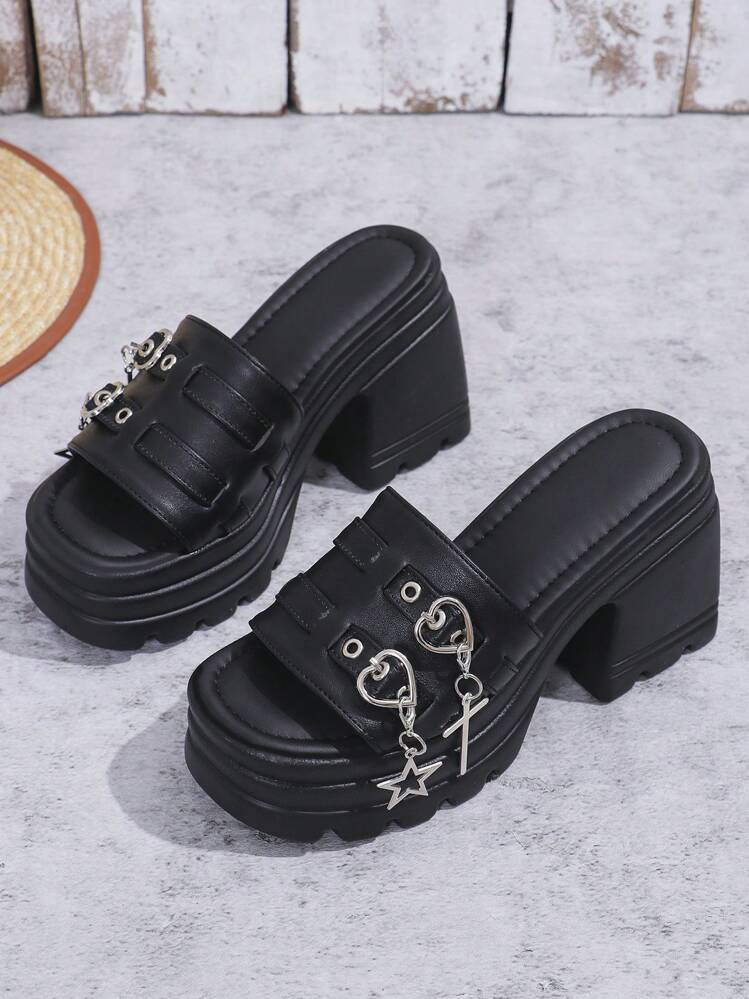 2024 Summer Garbage Punk Outdoor Casual New Gothic Style Cross-Strap And Chain Detail Thick Bottom Slippers With Wedge Heels Valentines | SHEIN