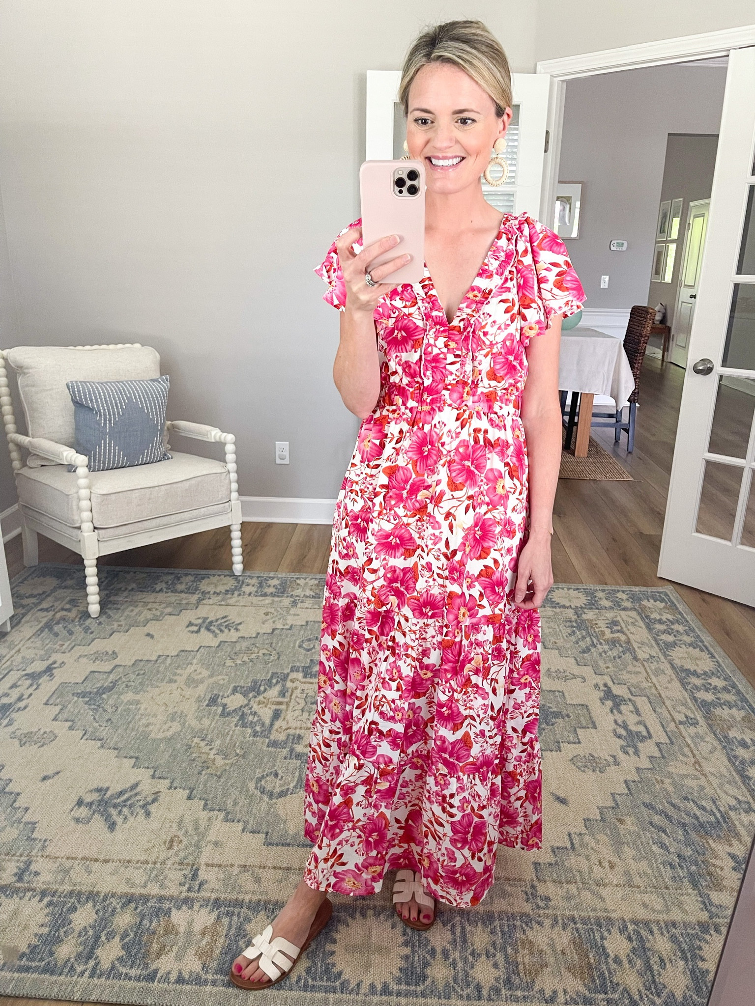 Love this dress! It is a full length maxi on me and has a waist band that accentuates that it so flattering and just flows with the dress.  This dress is so flowy with dainty sleeves.  It does come in more color options but I love this stand-out pink! I am wearing the size small.

#LTKstyletip #LTKSeasonal #LTKtravel