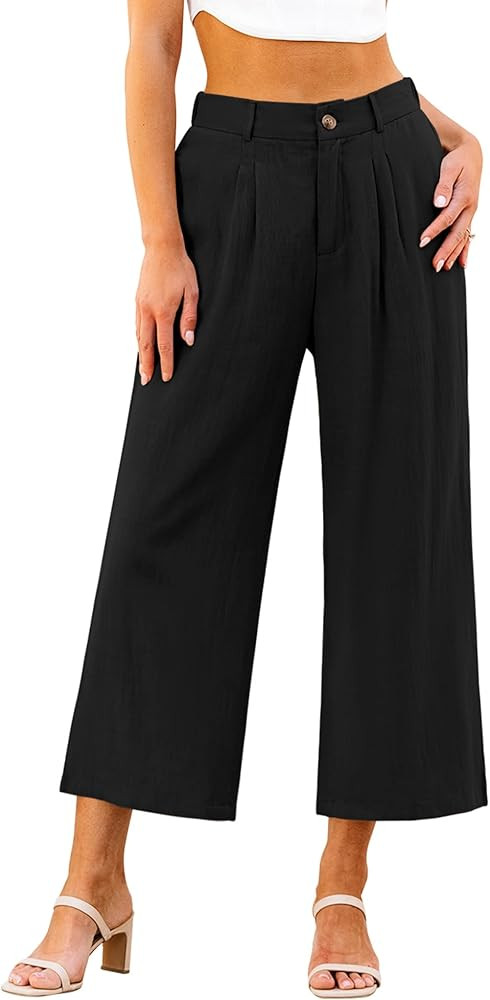 GRAPENT Wide Leg Capri Pants for Women High Waisted Linen Flowy Pleated Capris Cropped Trousers P... | Amazon (US)