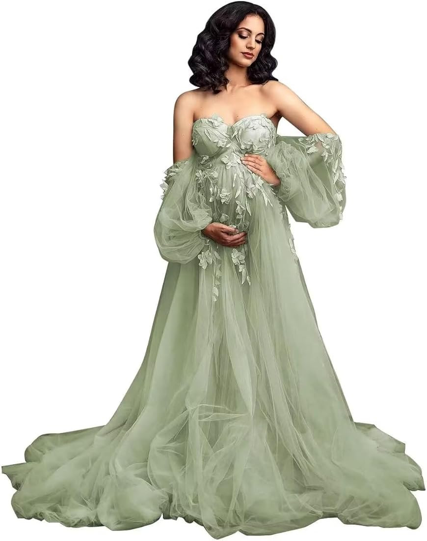 Laces Maternity Dress for Photoshoot Tulle Appliques Pregnancy Gown Off Should Long Sleeve Baby S... | Amazon (US)
