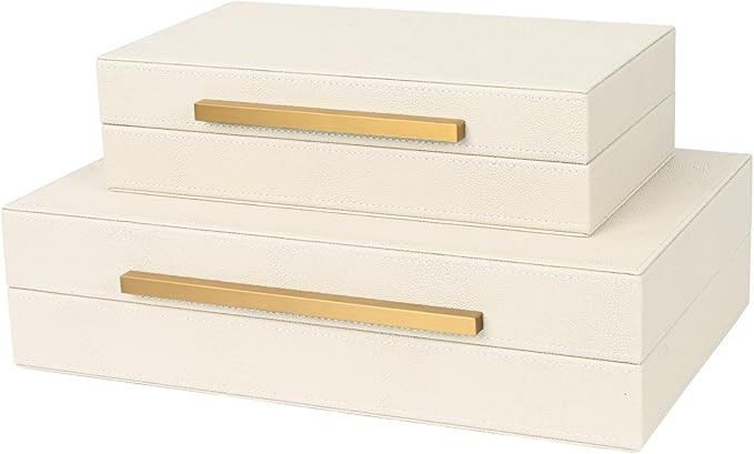 Beige Shagreen Decorative Storage Boxes – Set of 2 Faux Leather Jewelry & Memory Boxes with Gol... | Amazon (US)
