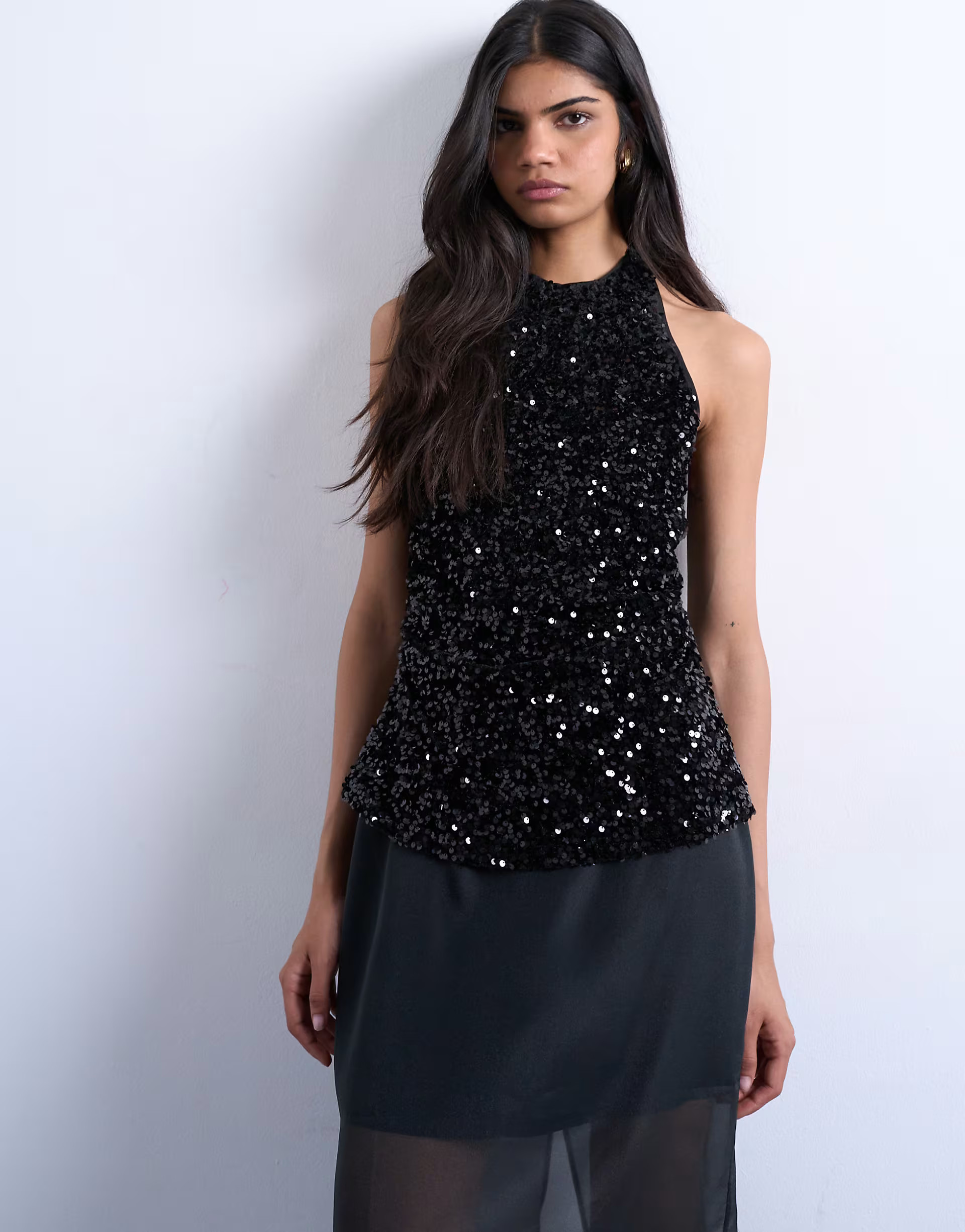 Velvet sequin halter top in black | Topshop