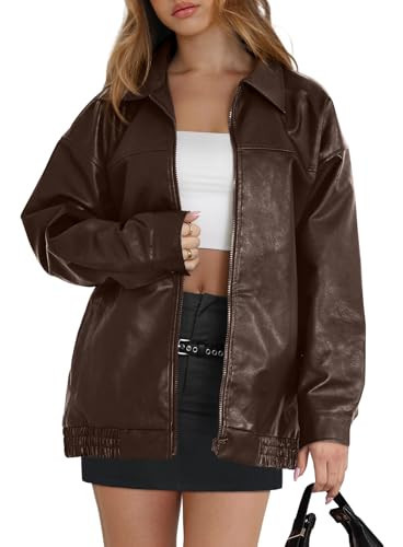 WIHOLL Brown Leather Jacket Women Faux Baggy Motorcycle Trendy Coats 2026 Fall Fashion Outfits Winter Chocolate Brown Fall Clothes M | Amazon (US)