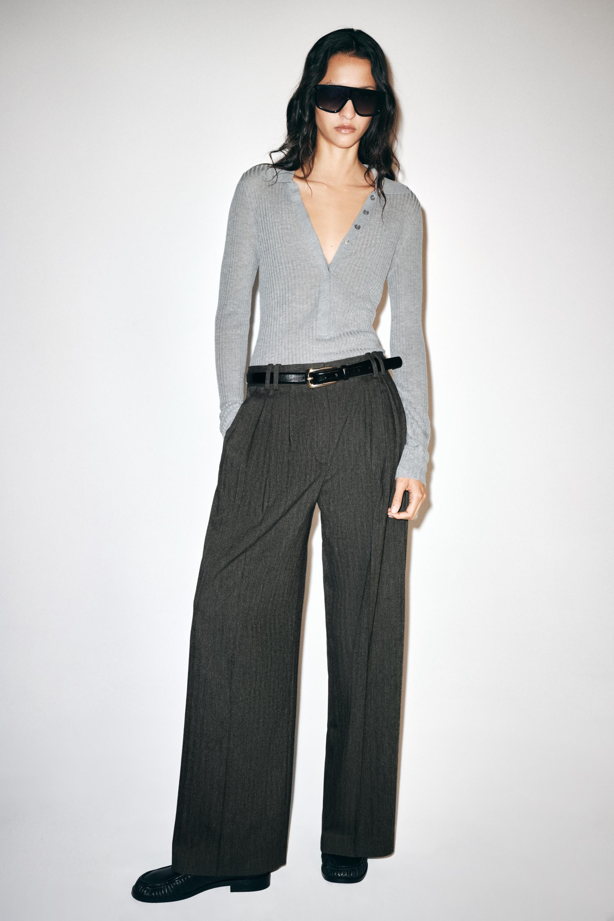 ZW COLLECTION HERRINGBONE WIDE-LEG PANTS | Zara US
