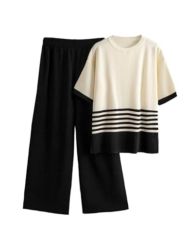 Amazon.com: Tanming Womens 2 Piece Lounge Set Striped Short Sleeve Top Wide Leg Pants Knit Sets L... | Amazon (US)