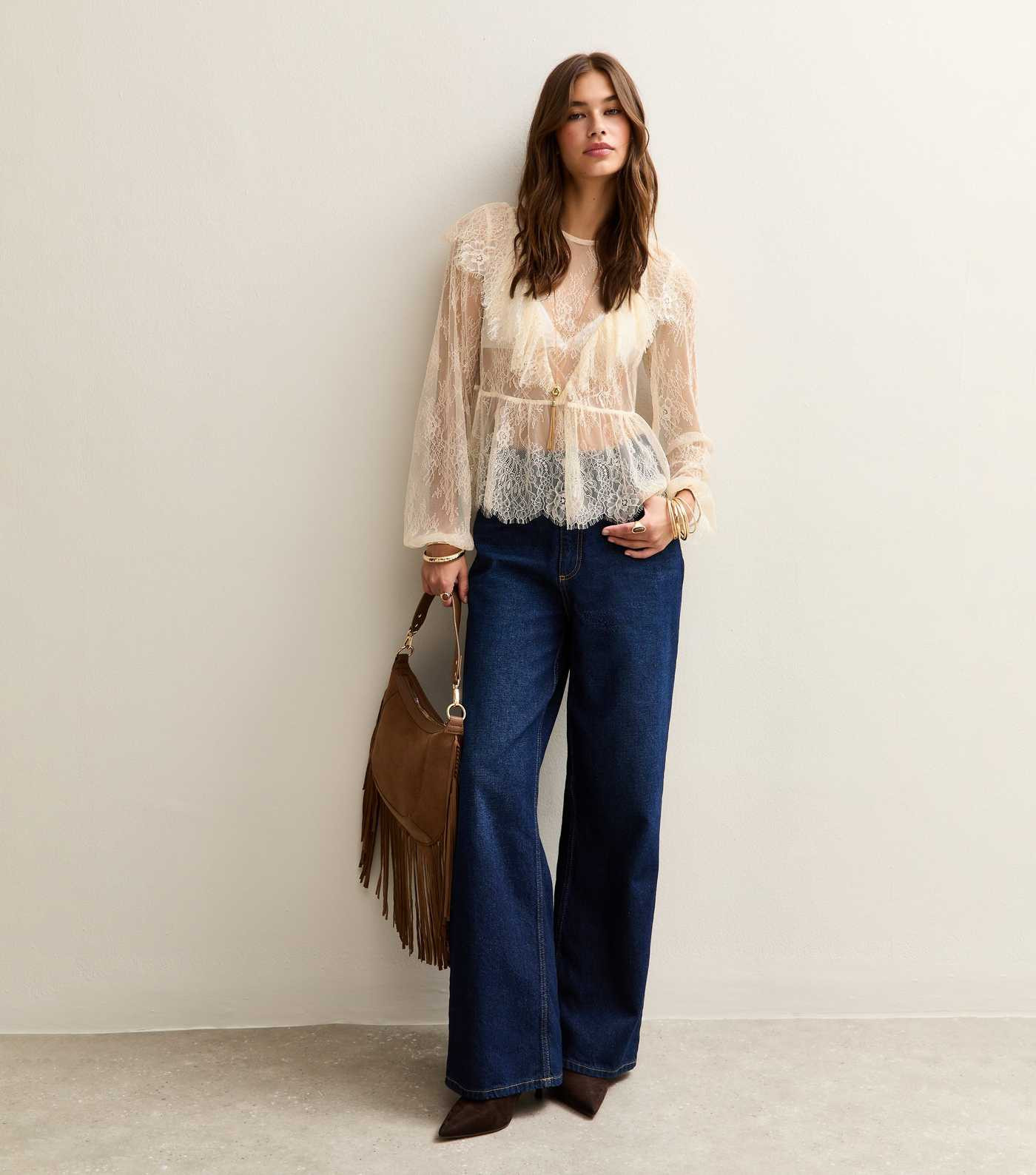 White Floral Lace Long Sleeve Semi Sheer Blouse | New Look | New Look (UK)