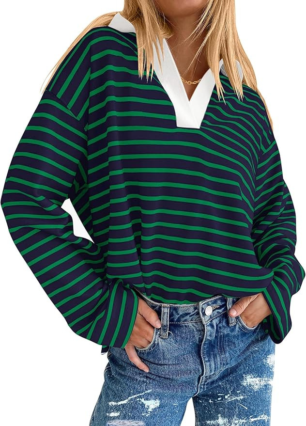 AKEWEI Collared Striped Shirt for Womens V Neck Long Sleeve Tops Oversized Casual Shirts for Wome... | Amazon (US)