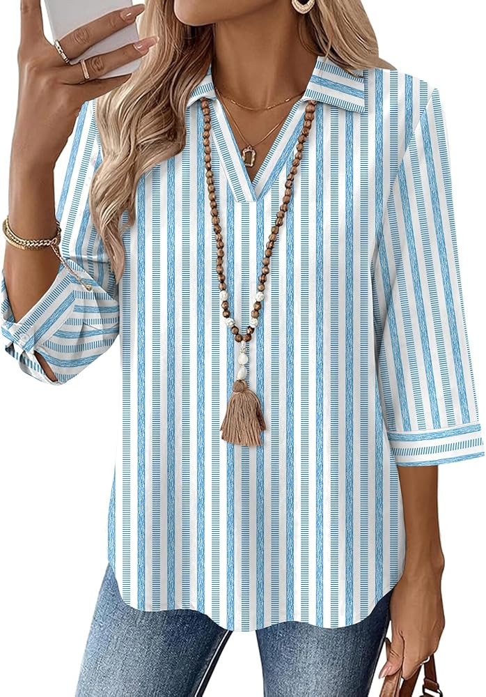 LOMON Womens 3/4 Sleeve Tops V Neck Cotton Linen Work Blouse Collared Shirts for Women Business C... | Amazon (US)