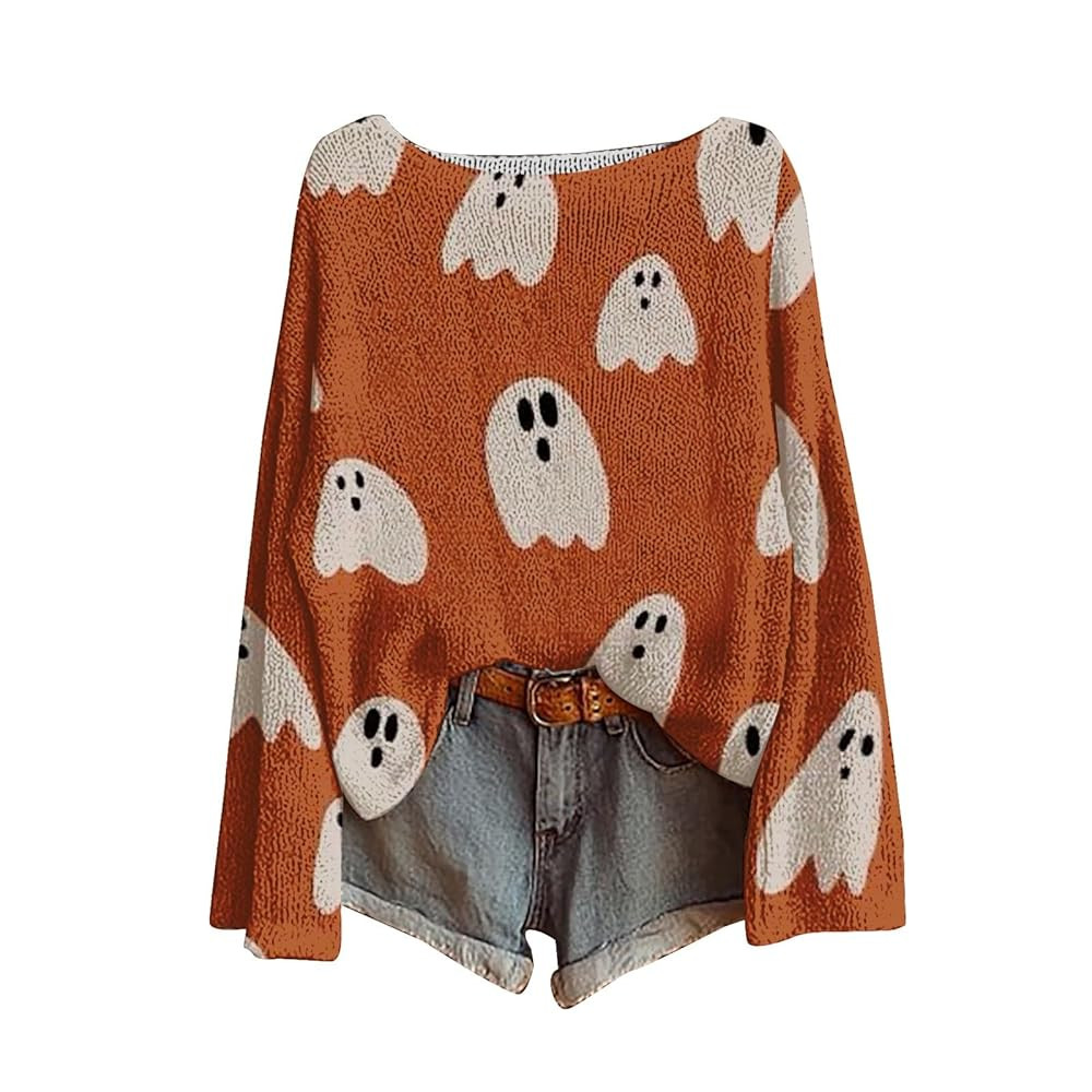 Halloween Sweaters for Women Boho Vintage Spooky Season Ghost Sweatshirt Graphic Print Long Sleev... | Amazon (US)