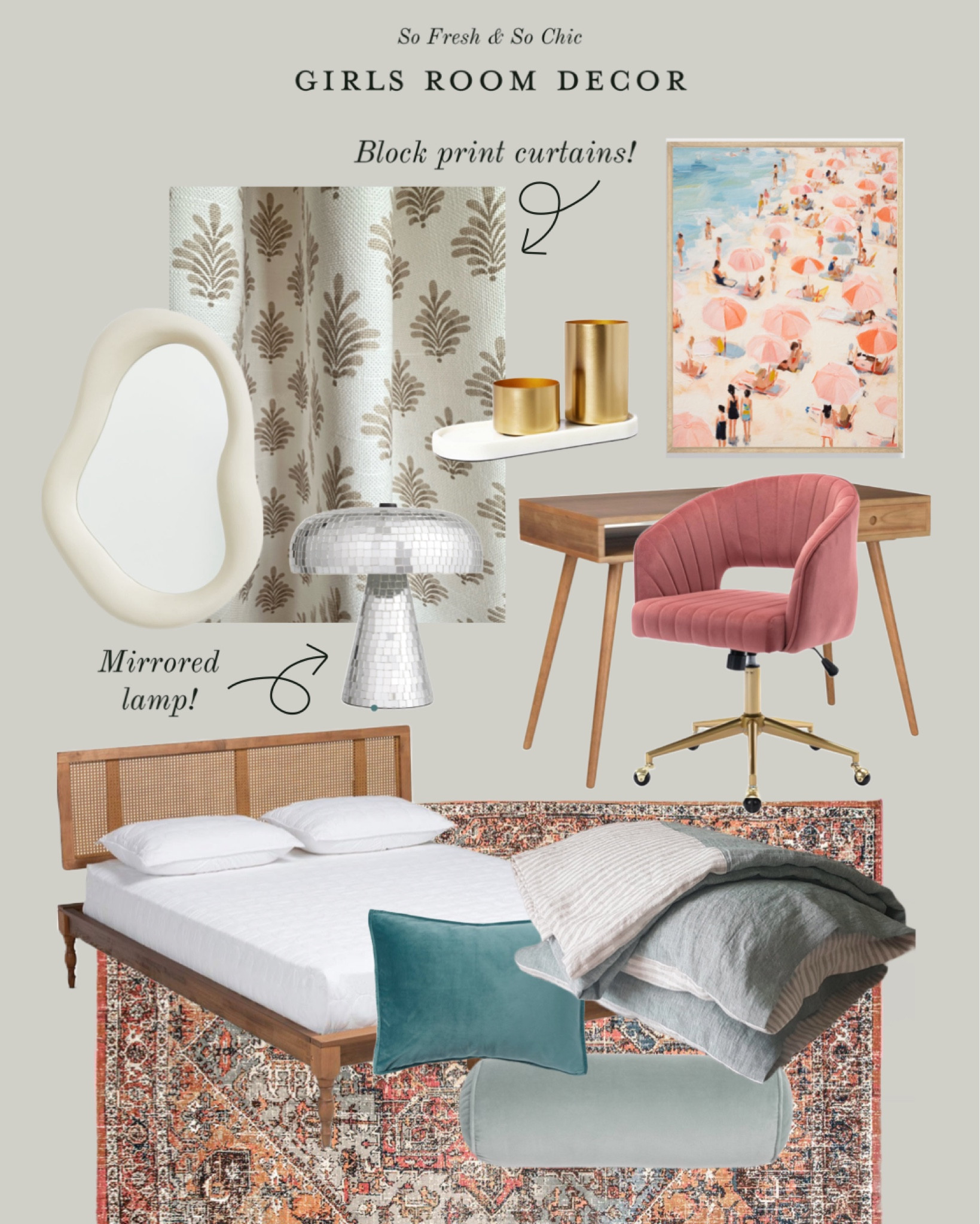Pattern-filled  pastel girls room decor!
-
Teen girls room - tween girls room - pastel girls decor - affordable kids room decor - H&M home - target home decor - target finds - Wayfair finds - rugs USA vintage medallion rug - muted orange green blue rug - muted neutral rug - kids room rug - block print curtains - Etsy home finds - mid century desk - pink velvet desk chair - wavy mirror - pastel retro vintage art - Etsy digital printable art - cane and wood bed - linen striped bedding - linen solid bedding - velvet throw pillow - velvet bolster pillow - marble and gold pencil cup - affordable desk accessories - girls room moodboard - silver mirror table lamp - world market 

#LTKHome #LTKSaleAlert #LTKKids
