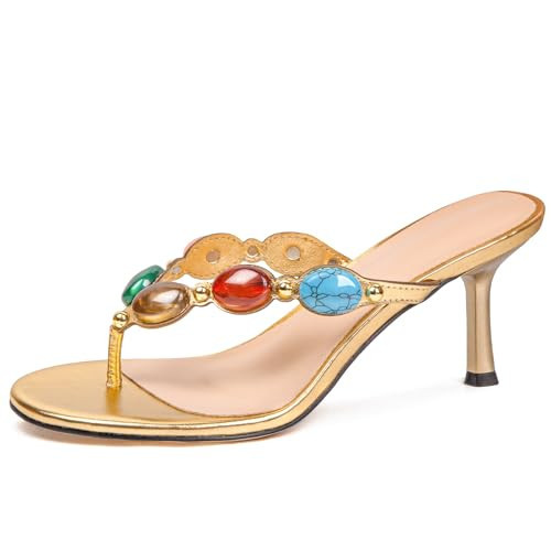BeeLg Gold Kitten Heel Thong Sandals for Women Round Open Toe Jeweled Flip Flops Fashion Summer Beach Dress Sandals | Amazon (US)