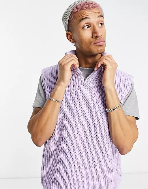 ASOS DESIGN oversized knitted half zip sweater vest in purple | ASOS (Global)