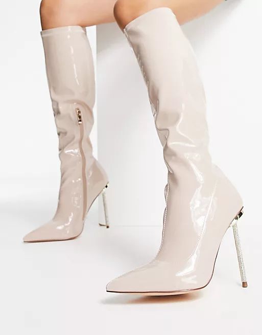 Simmi London Wide Fit Demi knee boots with diamante stiletto heel in beige patent | ASOS (Global)