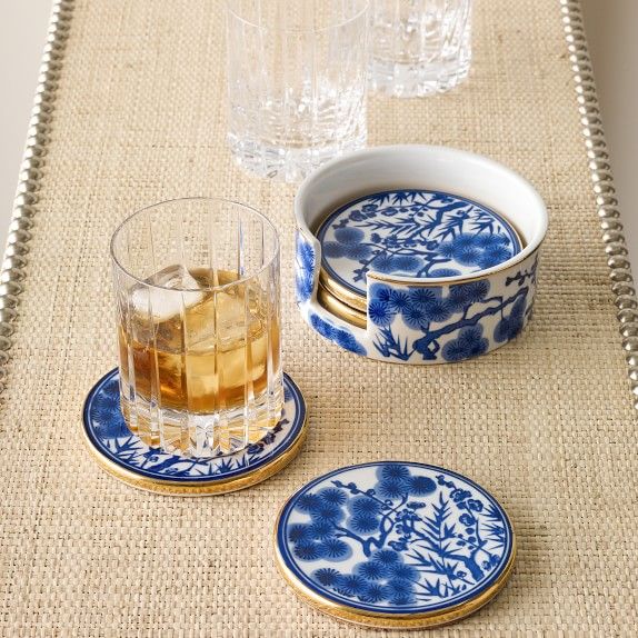 Chinoiserie Ceramic Coasters with Holder, Blue and White | Williams-Sonoma