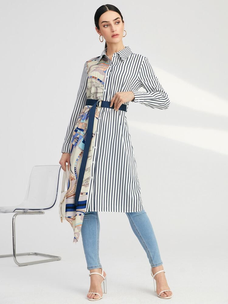 Chain And Striped Print Belted Longline Blouse | SHEIN