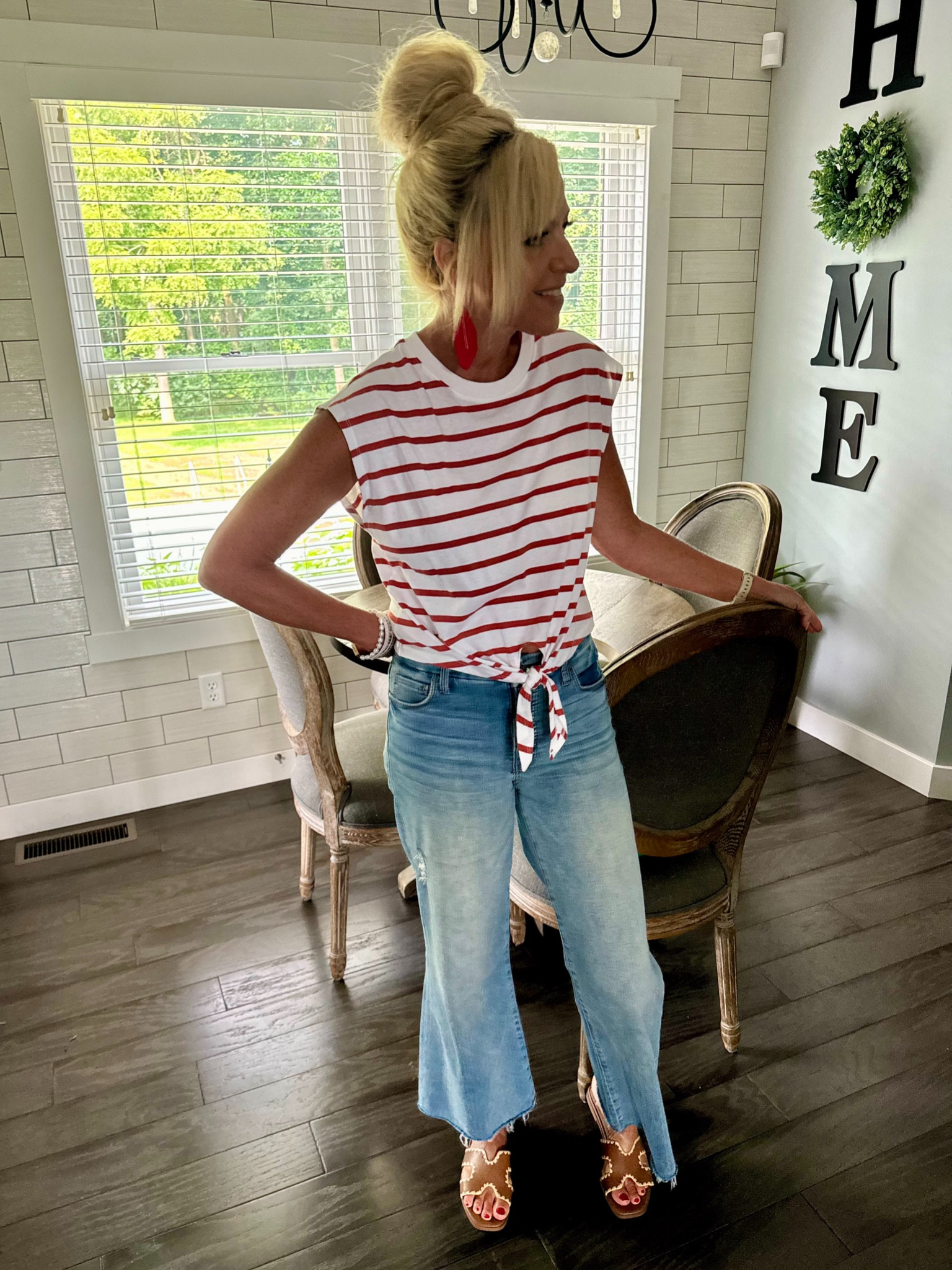 Great summer outfit and the cute top is on major sale, sandals from Target. Wearing a small and the top and size 2/26 in the jeans. A lady yelled across the parking lot at me that she loved my whole entire outfit today, lol.

#LTKStyleTip #LTKSaleAlert #LTKFindsUnder50