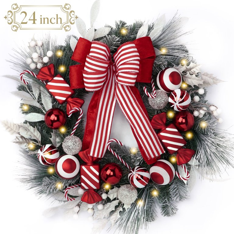 Valery Madelyn 24 inches Pre-Lit Christmas Wreath Red White Lighted Wreath with Striped Bow & Red... | Walmart (US)