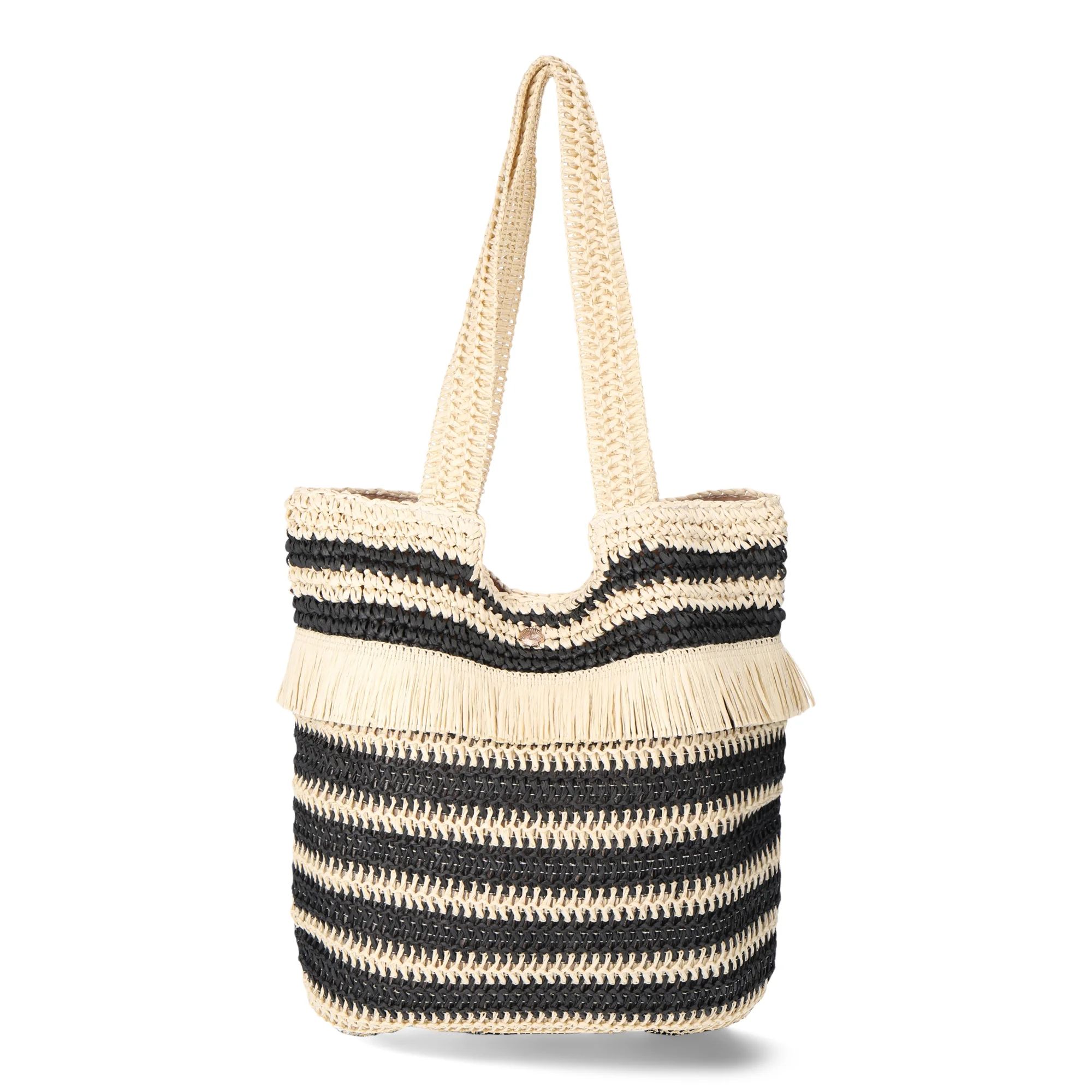 No Boundaries Women's Woven Stripe Straw Tote Bag with Fringe, Natural/Black Stripe | Walmart (US)