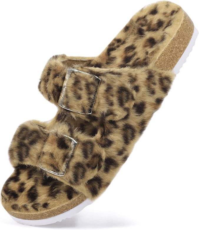 Womens Slides Slippers Open Toe Fur Plush Lining Cork Fuzzy Sandals Indoor Outdoor Slip on Cozy Hous | Amazon (US)